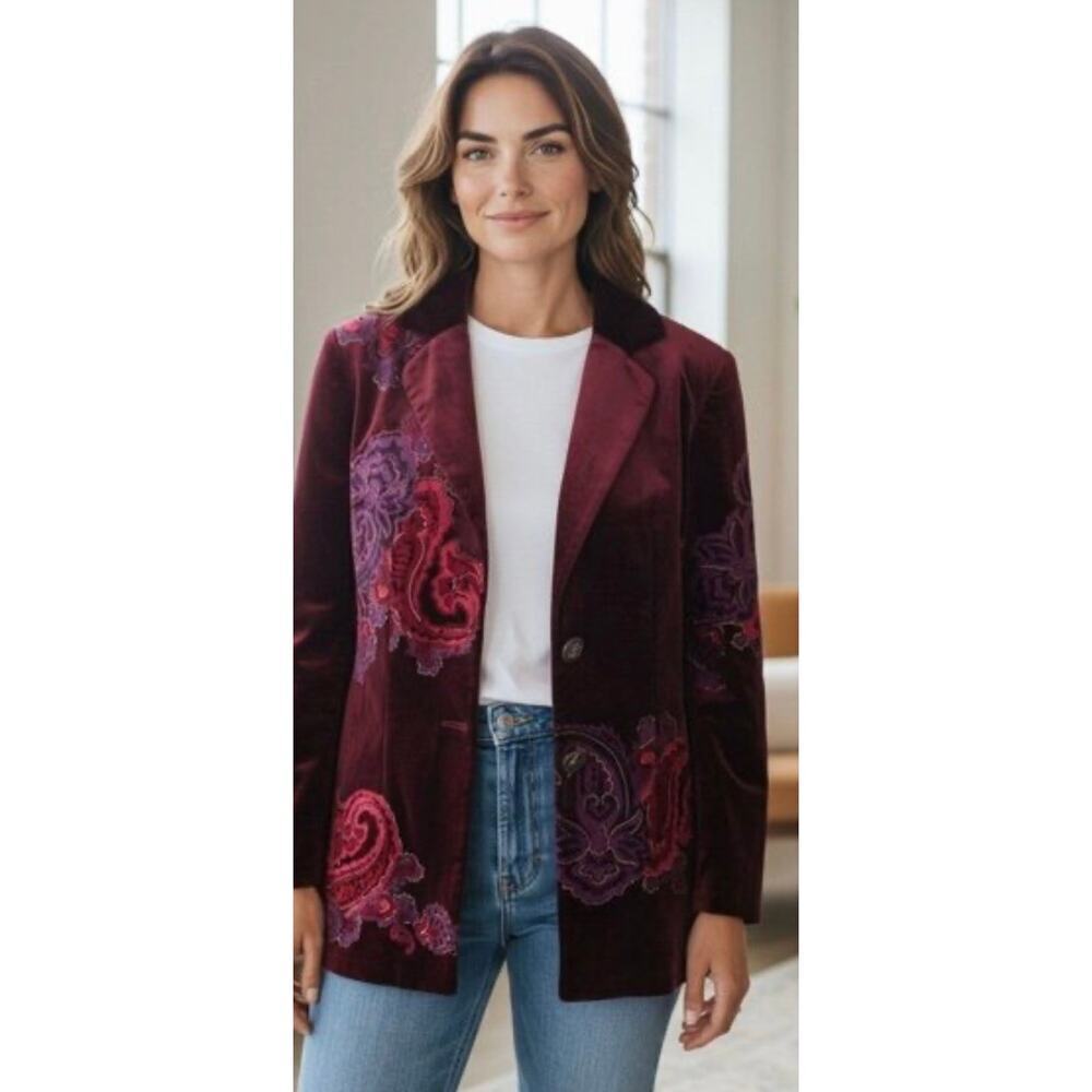 Coldwater Creek Burgandy Velvet Blazer Floral Paisley Size P6 Romantic